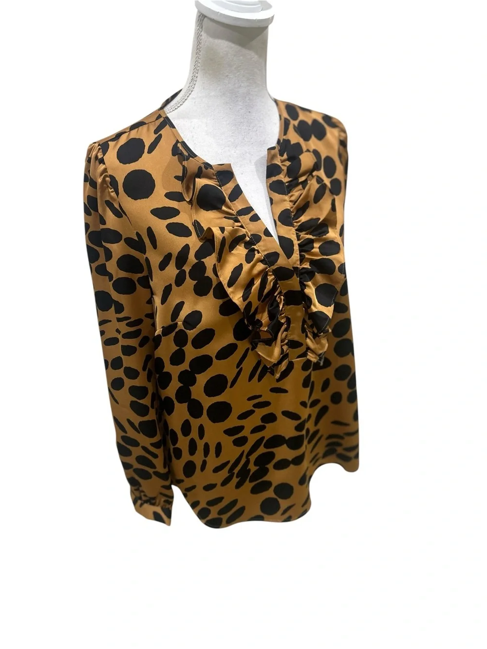 J crew Ruffled V-Neck Long Sleeve blouse caramel black dot print size medium